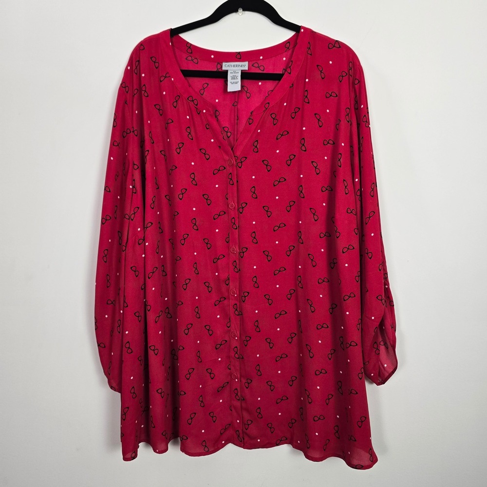 Catherines Tunic Top Blouse Women 4X Red Eyeglasses Polka Dot Teacher Novelty - Picture 2 of 9